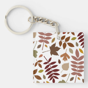 Fallen Leaves Lg Pattern Fall Colours on White Key Ring