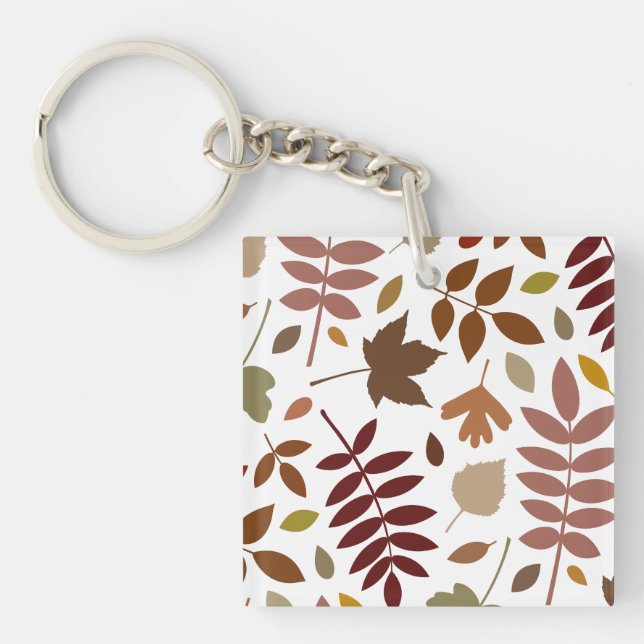 Fallen Leaves Lg Pattern Fall Colours on White Key Ring (Front)
