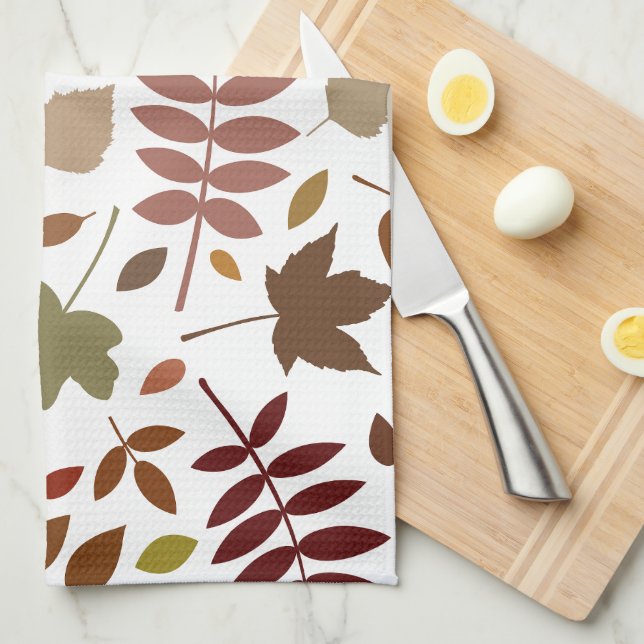 Fallen Leaves Lg Pattern Fall Colours on White Tea Towel (Quarter Fold)