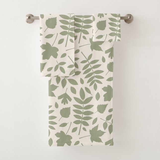 Fallen Leaves Lg Pattern Green on Cream Bath Towel Set (Insitu)