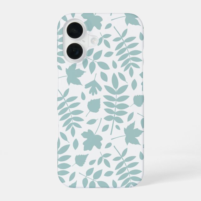 Fallen Leaves Lg Pattern Lt Teal on White iPhone 16 Case (Back)