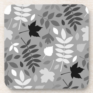 Fallen Leaves Lg Pattern Monochrome on Grey Coaster