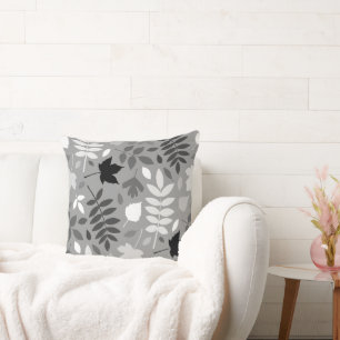 Fallen Leaves Lg Pattern Monochrome on Grey Cushion