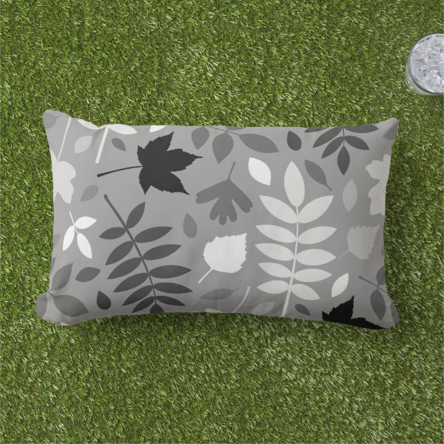 Fallen Leaves Lg Pattern Monochrome on Grey Lumbar Cushion (Grass)