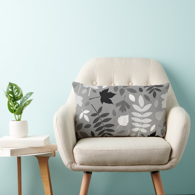 Fallen Leaves Lg Pattern Monochrome on Grey Lumbar Cushion (Chair)