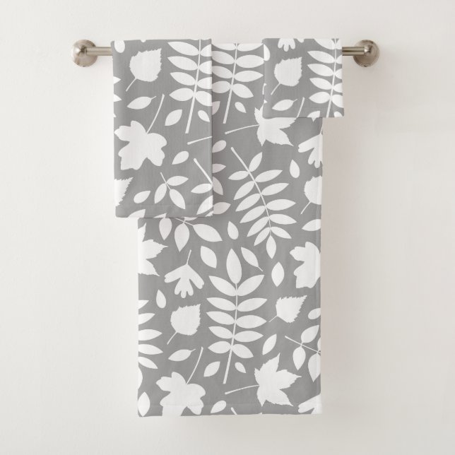 Fallen Leaves Lg Pattern White on Grey Bath Towel Set (Insitu)