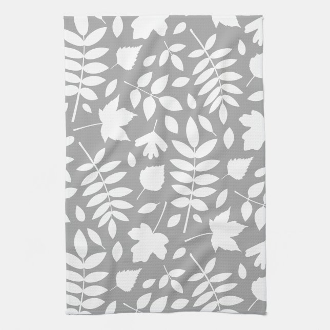 Fallen Leaves Lg Pattern White on Grey Tea Towel (Vertical)