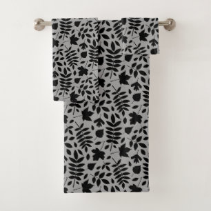 Fallen Leaves Pattern Black on Grey Bath Towel Set