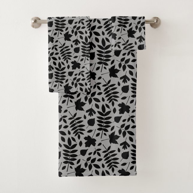 Fallen Leaves Pattern Black on Grey Bath Towel Set (Insitu)