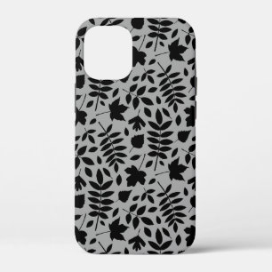 Fallen Leaves Pattern Black on Grey iPhone 12 Mini Case