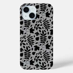 Fallen Leaves Pattern Black on Grey iPhone 15 Case