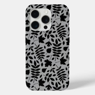 Fallen Leaves Pattern Black on Grey iPhone 15 Pro Case