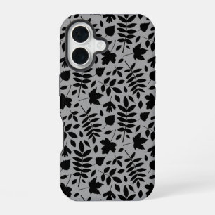 Fallen Leaves Pattern Black on Grey iPhone 16 Case