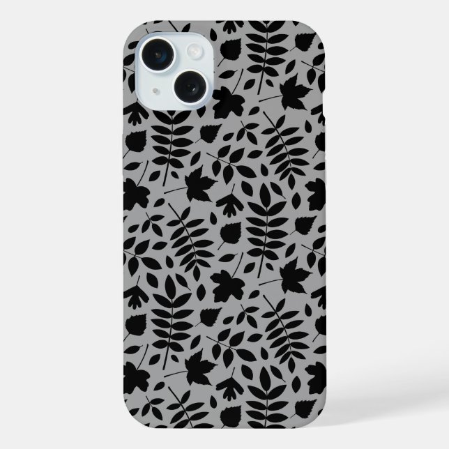 Fallen Leaves Pattern Black on Grey iPhone Case (Back)