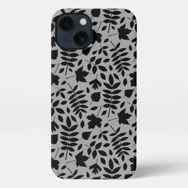 Fallen Leaves Pattern Black on Grey iPhone Case (Back)