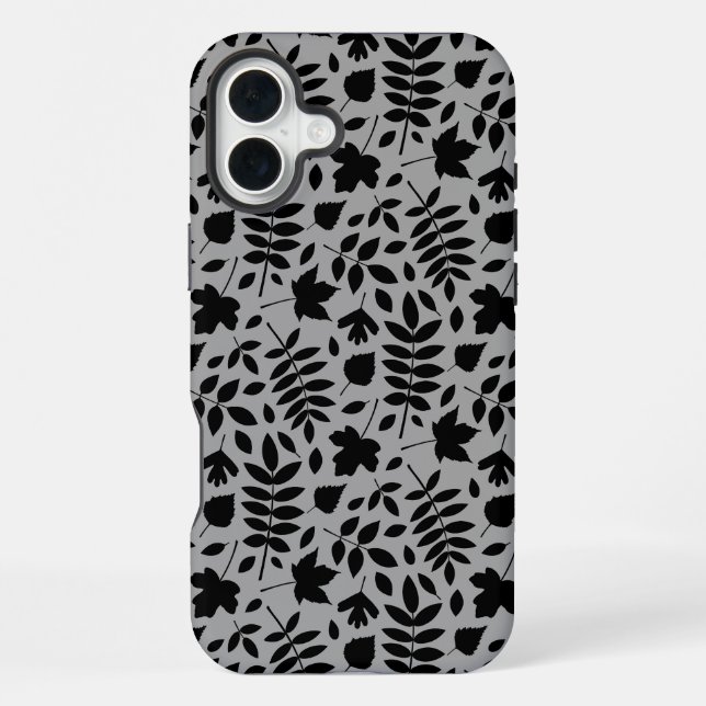 Fallen Leaves Pattern Black on Grey iPhone Case (Back)