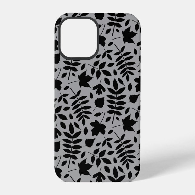 Fallen Leaves Pattern Black on Grey iPhone Case (Back)