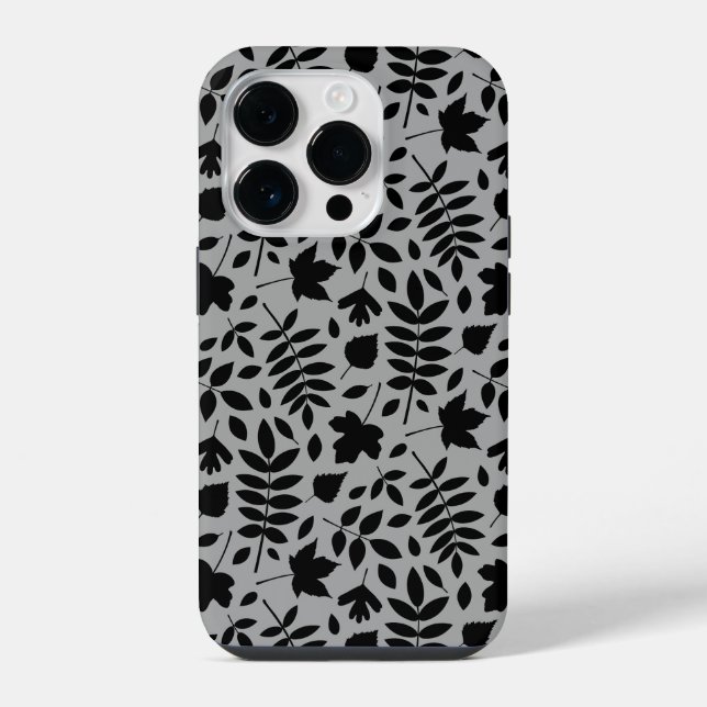 Fallen Leaves Pattern Black on Grey iPhone Case (Back)