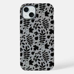 Fallen Leaves Pattern Black on Grey iPhone 15 Plus Case