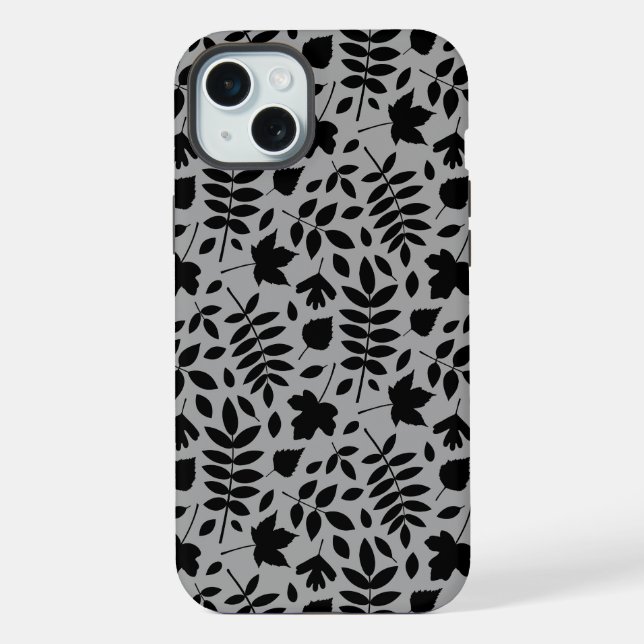 Fallen Leaves Pattern Black on Grey iPhone Case (Back)