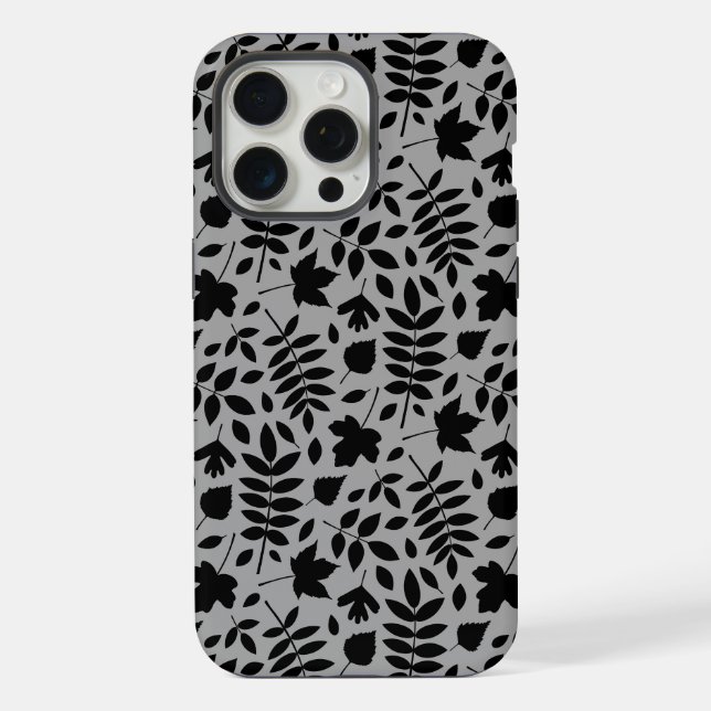Fallen Leaves Pattern Black on Grey iPhone Case (Back)