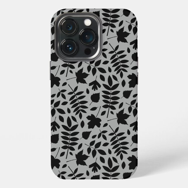 Fallen Leaves Pattern Black on Grey iPhone Case (Back)