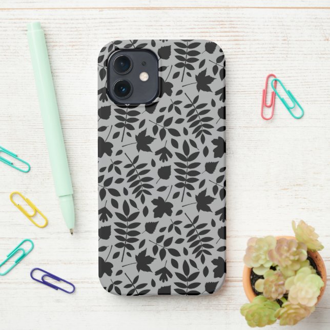 Fallen Leaves Pattern Black on Grey iPhone Case (On Desk)