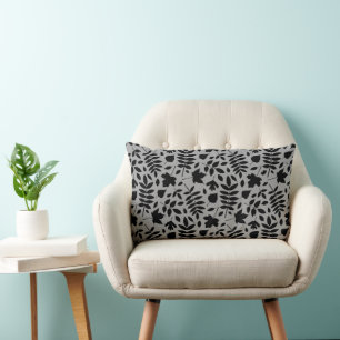 Fallen Leaves Pattern Black on Grey Lumbar Cushion
