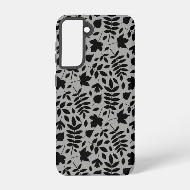 Fallen Leaves Pattern Black on Grey Samsung Galaxy S21 Case (Back)