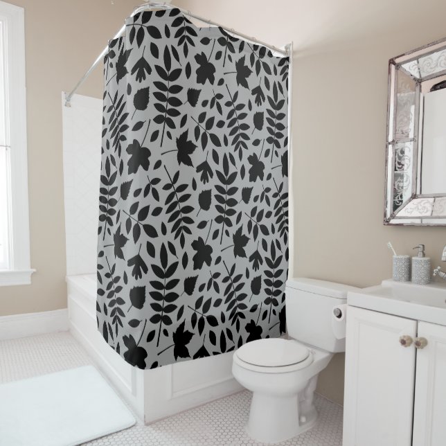 Fallen Leaves Pattern Black on Grey Shower Curtain (In Situ)