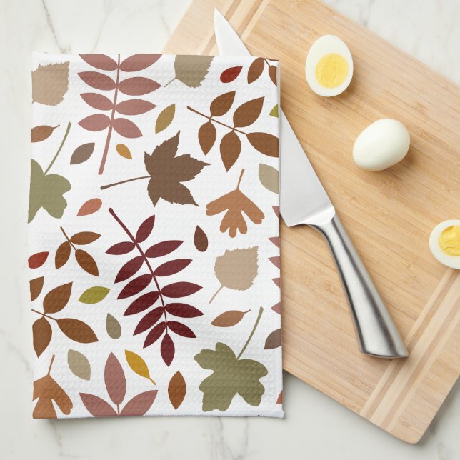 Fallen Leaves Pattern Fall Colours on White Tea Towel (Quarter Fold)