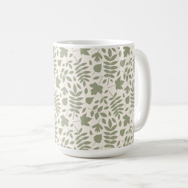 Fallen Leaves Pattern Green on Cream Coffee Mug (Front Right)