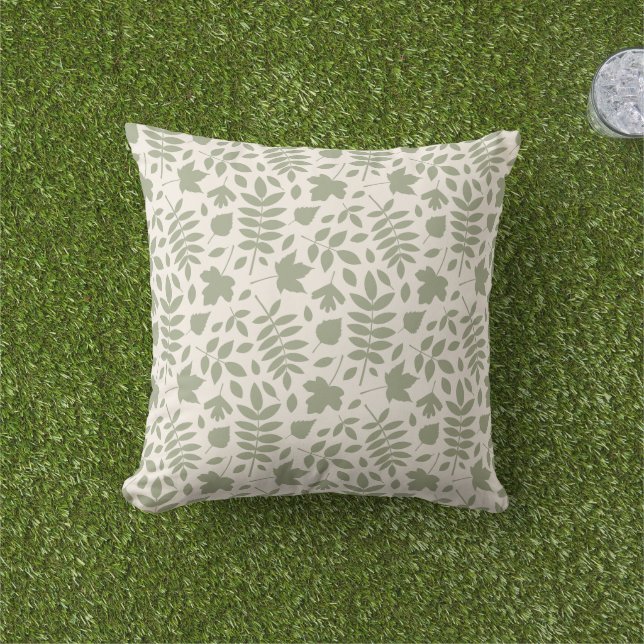 Fallen Leaves Pattern Green on Cream Cushion (Grass)