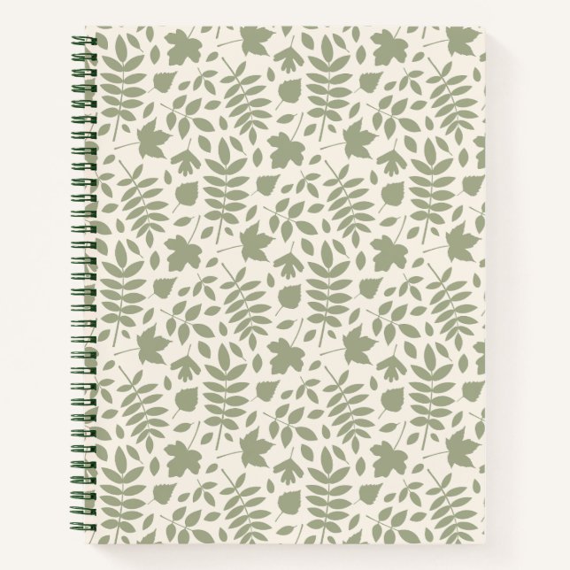Fallen Leaves Pattern Green on Cream Notebook (Front)