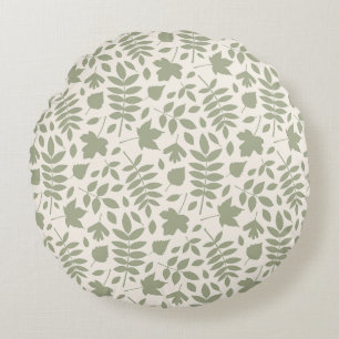 Fallen Leaves Pattern Green on Cream Round Cushion