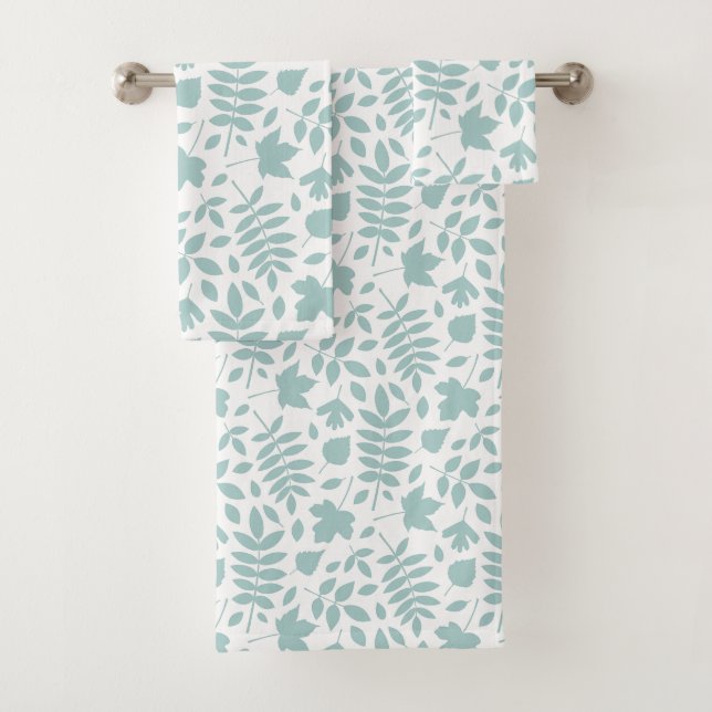 Fallen Leaves Pattern Lt Teal on White Bath Towel Set (Insitu)