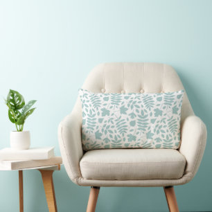 Fallen Leaves Pattern Lt Teal on White Lumbar Cushion