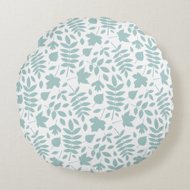 Fallen Leaves Pattern Lt Teal on White Round Cushion (Front)