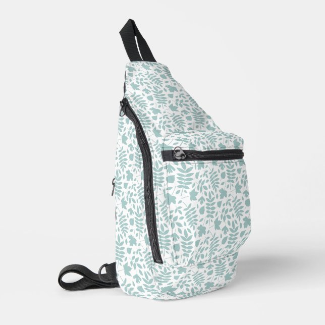 Fallen Leaves Pattern Lt Teal on White Sling Bag (Left Corner)