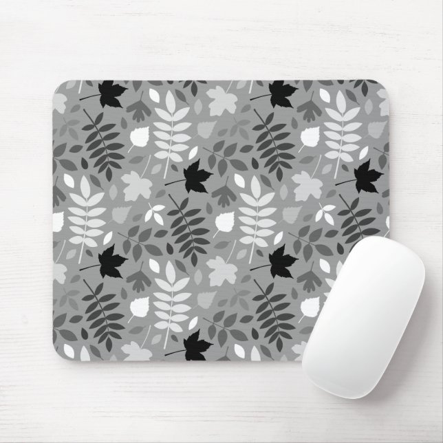 Fallen Leaves Pattern Monochrome on Grey Mouse Mat (With Mouse)