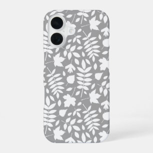 Fallen Leaves Pattern White on Grey iPhone 16 Case