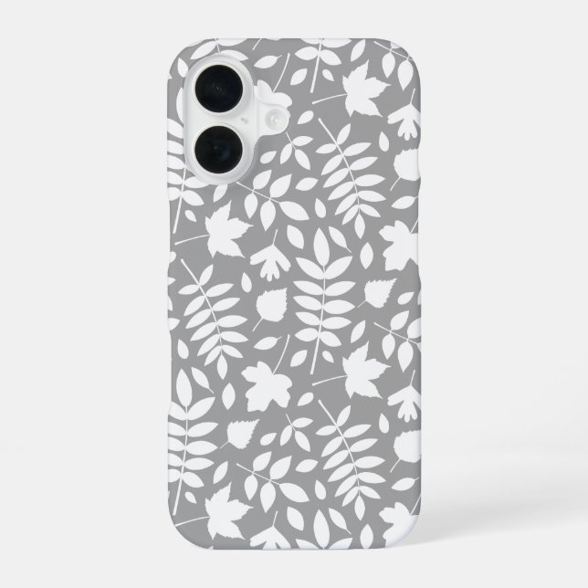 Fallen Leaves Pattern White on Grey iPhone 16 Case (Back)