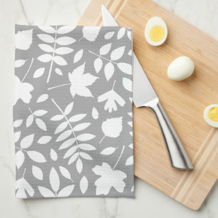 Fallen Leaves Pattern White on Grey Tea Towel