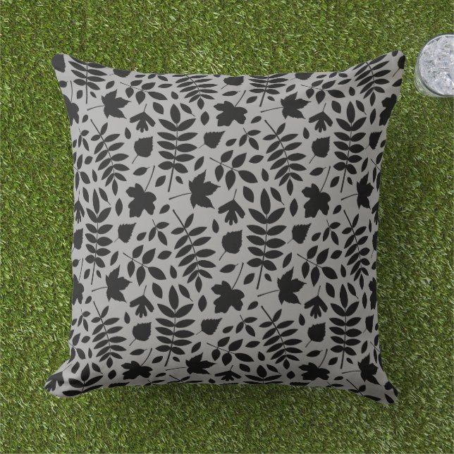 Fallen Leaves Rpt Pattern Black on Grey Cushion (Grass)