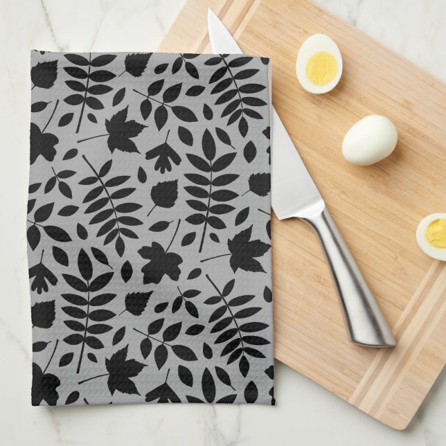 Fallen Leaves Rpt Pattern Black on Grey Tea Towel (Quarter Fold)