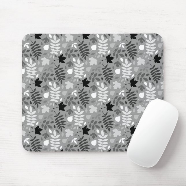 Fallen Leaves Rpt Pattern Monochrome on Grey Mouse Mat (With Mouse)