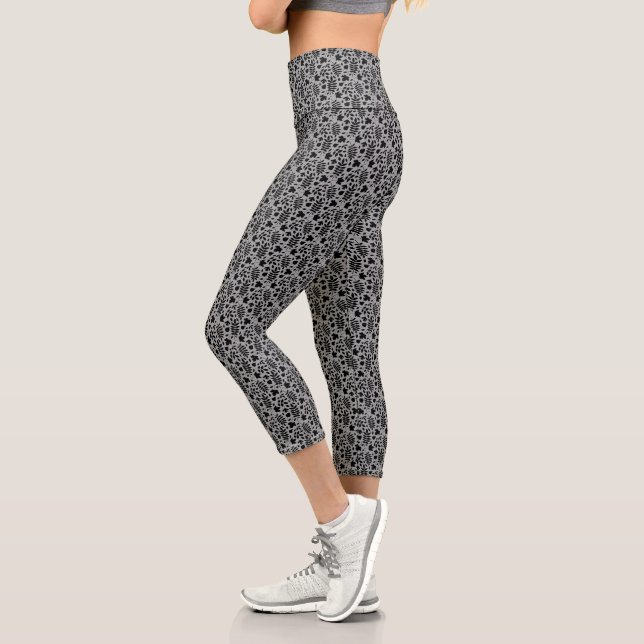 Fallen Leaves Sml Pattern Black on Grey Capri Leggings (Left)