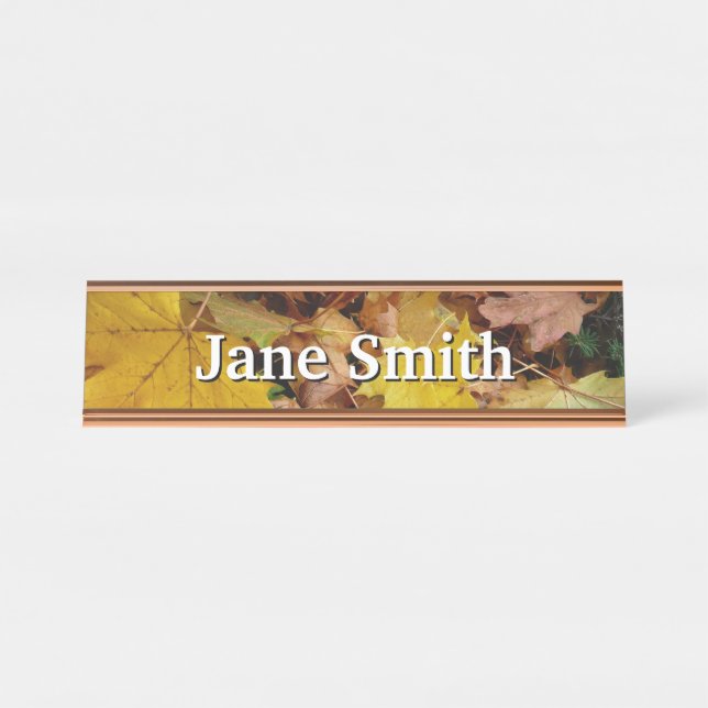 Fallen Maple Leaves Yellow Autumn Nature Desk Name Plate (Front)