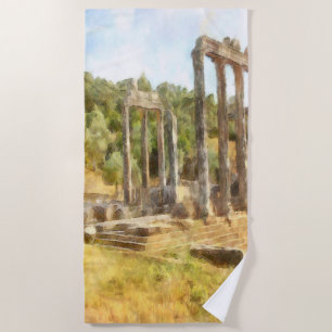 Fallen Ruins of Euromos, Turkiye Watercolor Beach Towel