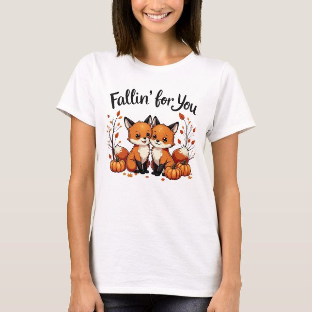 Fallin' for You - Adorable Fox Pair with Pumpkins T-Shirt (Front)